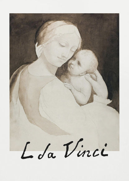 A framed poster of a Leonardo da Vinci drawing depicting the Madonna tenderly holding the infant Jesus. The piece is rendered in monochrome shades of brown and cream with the artist's signature 'L da Vinci' at the bottom. Decor
