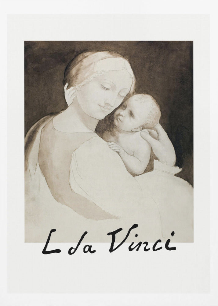 A framed poster of a Leonardo da Vinci drawing depicting the Madonna tenderly holding the infant Jesus. The piece is rendered in monochrome shades of brown and cream with the artist's signature 'L da Vinci' at the bottom. Decor