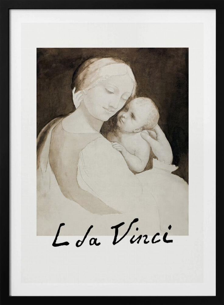 A framed poster of a Leonardo da Vinci drawing depicting the Madonna tenderly holding the infant Jesus. The piece is rendered in monochrome shades of brown and cream with the artist's signature 'L da Vinci' at the bottom. Decor