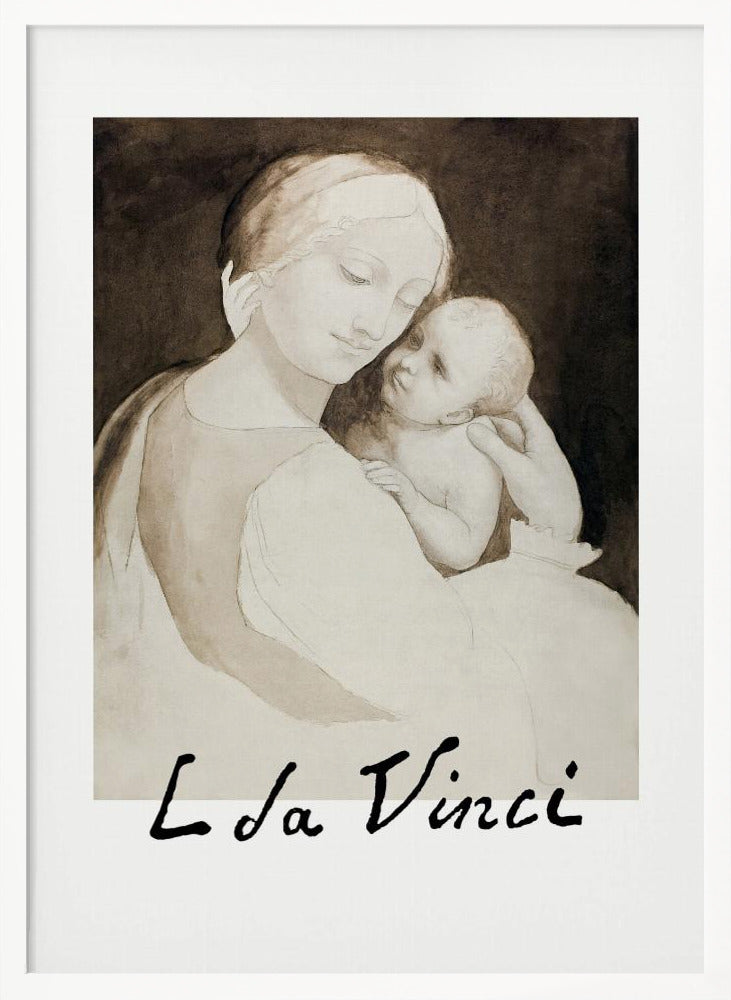 A framed poster of a Leonardo da Vinci drawing depicting the Madonna tenderly holding the infant Jesus. The piece is rendered in monochrome shades of brown and cream with the artist's signature 'L da Vinci' at the bottom. Decor