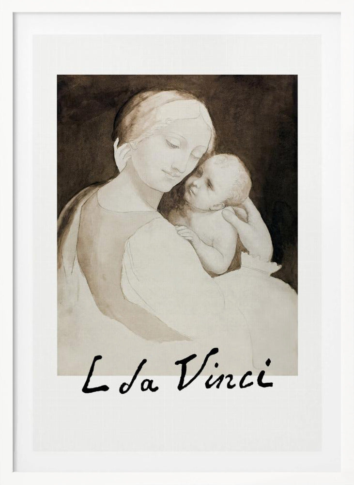 A framed poster of a Leonardo da Vinci drawing depicting the Madonna tenderly holding the infant Jesus. The piece is rendered in monochrome shades of brown and cream with the artist's signature 'L da Vinci' at the bottom. Decor