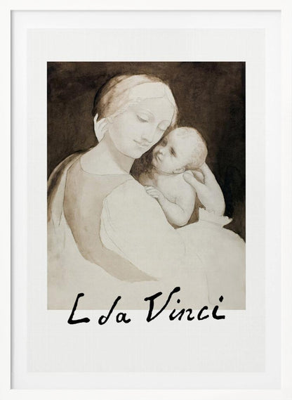 A framed poster of a Leonardo da Vinci drawing depicting the Madonna tenderly holding the infant Jesus. The piece is rendered in monochrome shades of brown and cream with the artist's signature 'L da Vinci' at the bottom. Decor