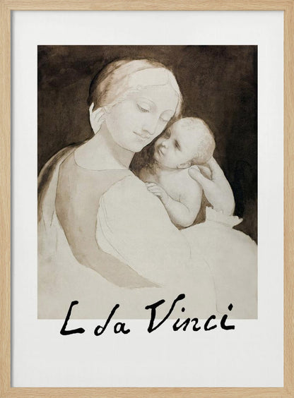 A framed poster of a Leonardo da Vinci drawing depicting the Madonna tenderly holding the infant Jesus. The piece is rendered in monochrome shades of brown and cream with the artist's signature 'L da Vinci' at the bottom. Decor