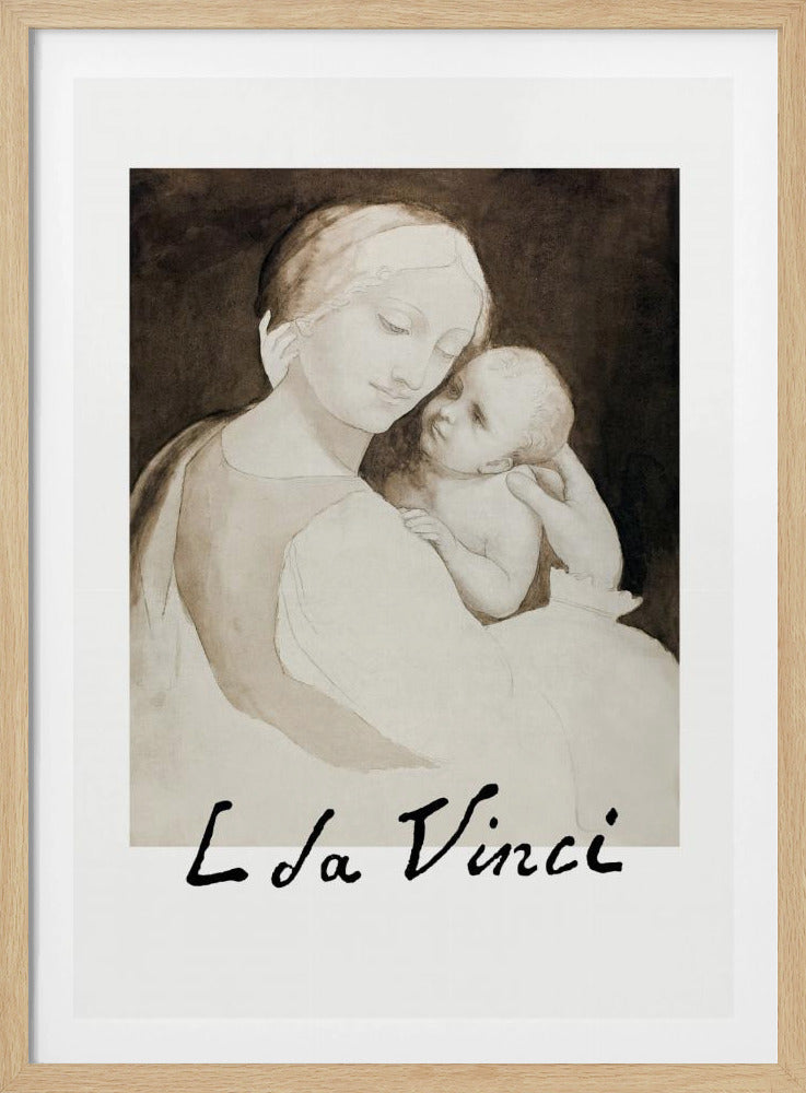 A framed poster of a Leonardo da Vinci drawing depicting the Madonna tenderly holding the infant Jesus. The piece is rendered in monochrome shades of brown and cream with the artist's signature 'L da Vinci' at the bottom. Decor