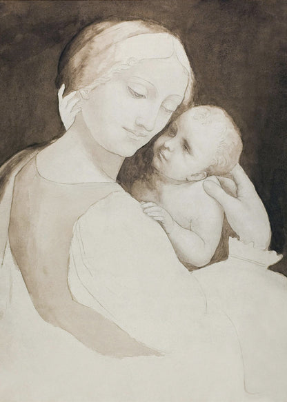 A sepia-toned ink wash painting of a mother and child in a classic Renaissance style. The mother, with a serene expression, holds the baby tenderly, looking down at them as the baby looks up at her against a dark background. Wall Art