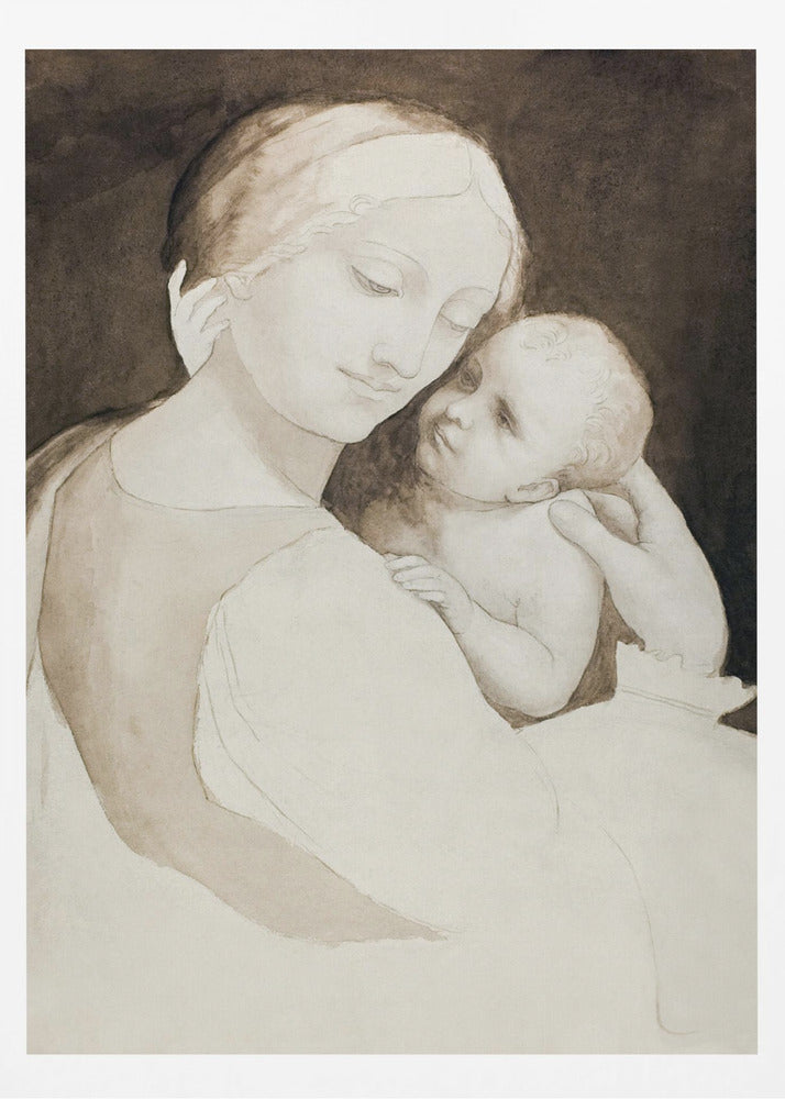 A sepia-toned ink wash painting of a mother and child in a classic Renaissance style. The mother, with a serene expression, holds the baby tenderly, looking down at them as the baby looks up at her against a dark background. Wall Art