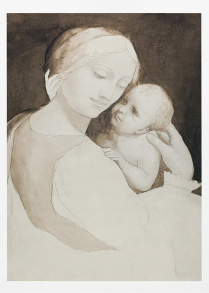 A sepia-toned ink wash painting of a mother and child in a classic Renaissance style. The mother, with a serene expression, holds the baby tenderly, looking down at them as the baby looks up at her against a dark background. Wall Art