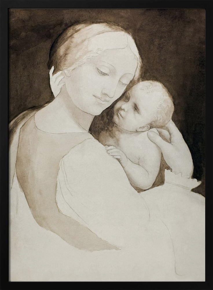 A sepia-toned ink wash painting of a mother and child in a classic Renaissance style. The mother, with a serene expression, holds the baby tenderly, looking down at them as the baby looks up at her against a dark background. Wall Art