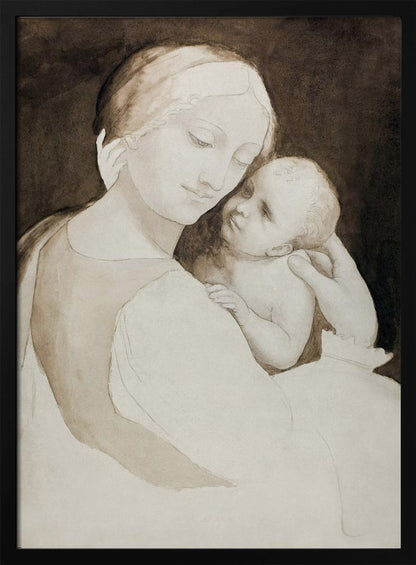 A sepia-toned ink wash painting of a mother and child in a classic Renaissance style. The mother, with a serene expression, holds the baby tenderly, looking down at them as the baby looks up at her against a dark background. Wall Art