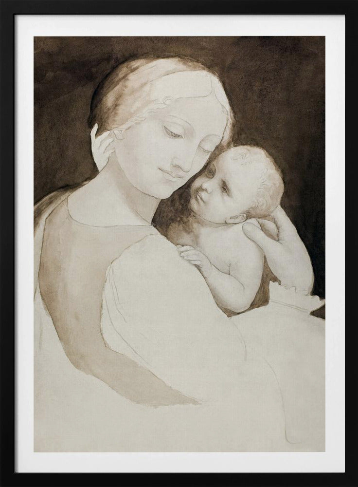 A sepia-toned ink wash painting of a mother and child in a classic Renaissance style. The mother, with a serene expression, holds the baby tenderly, looking down at them as the baby looks up at her against a dark background. Wall Art