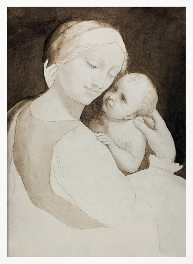 A sepia-toned ink wash painting of a mother and child in a classic Renaissance style. The mother, with a serene expression, holds the baby tenderly, looking down at them as the baby looks up at her against a dark background. Wall Art