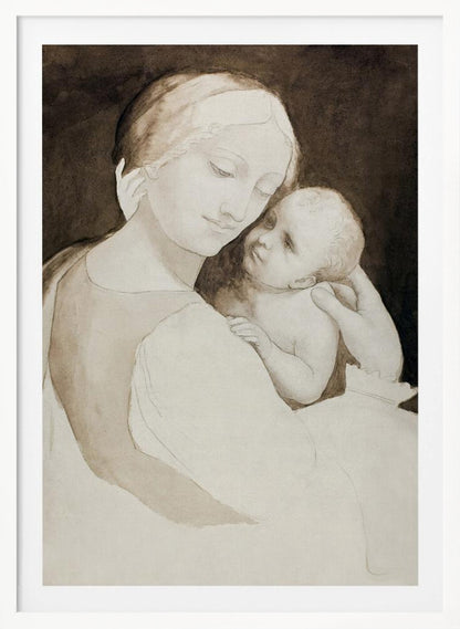 A sepia-toned ink wash painting of a mother and child in a classic Renaissance style. The mother, with a serene expression, holds the baby tenderly, looking down at them as the baby looks up at her against a dark background. Wall Art