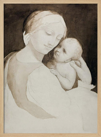 A sepia-toned ink wash painting of a mother and child in a classic Renaissance style. The mother, with a serene expression, holds the baby tenderly, looking down at them as the baby looks up at her against a dark background. Wall Art