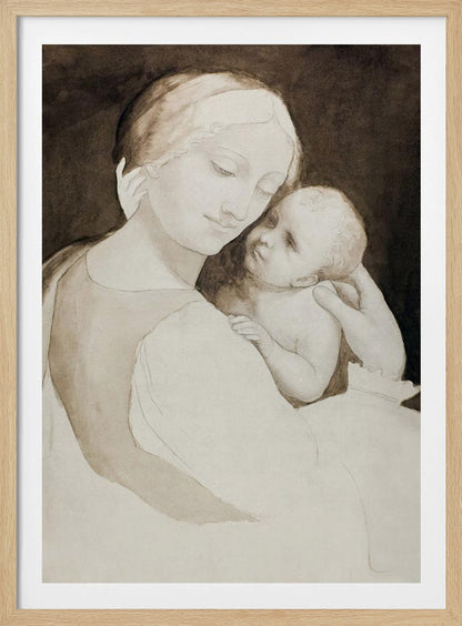 A sepia-toned ink wash painting of a mother and child in a classic Renaissance style. The mother, with a serene expression, holds the baby tenderly, looking down at them as the baby looks up at her against a dark background. Wall Art