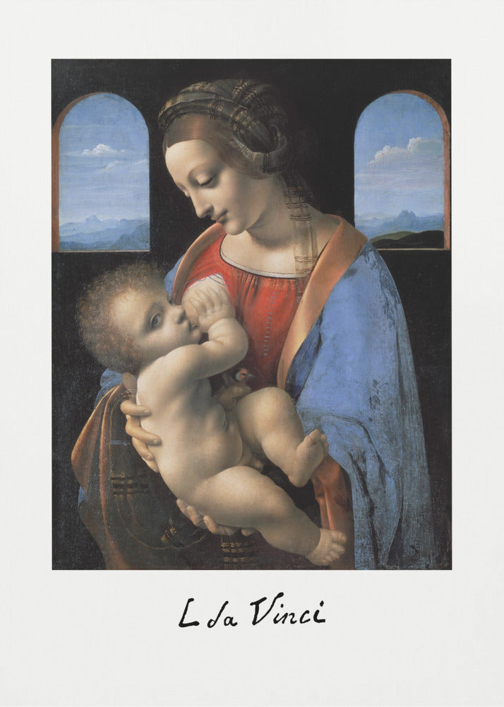 A framed art print of Leonardo da Vinci's painting 'Madonna Litta,' featuring the Virgin Mary in a red dress and blue cloak breastfeeding the infant Jesus. They are framed by two arched windows showing a distant landscape, all set within a black frame with white matting. Wall Art