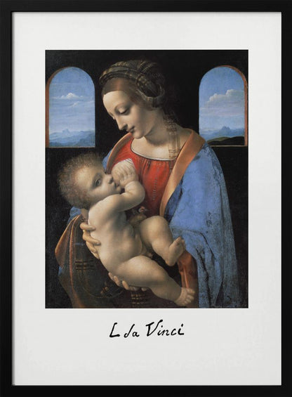 A framed art print of Leonardo da Vinci's painting 'Madonna Litta,' featuring the Virgin Mary in a red dress and blue cloak breastfeeding the infant Jesus. They are framed by two arched windows showing a distant landscape, all set within a black frame with white matting. Wall Art