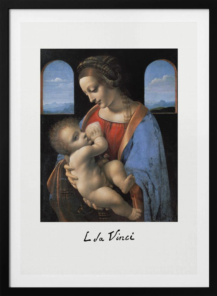 A framed art print of Leonardo da Vinci's painting 'Madonna Litta,' featuring the Virgin Mary in a red dress and blue cloak breastfeeding the infant Jesus. They are framed by two arched windows showing a distant landscape, all set within a black frame with white matting. Wall Art