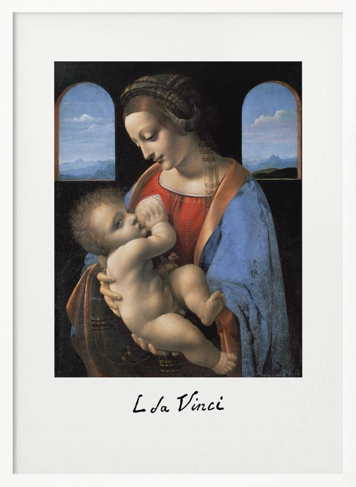 A framed art print of Leonardo da Vinci's painting 'Madonna Litta,' featuring the Virgin Mary in a red dress and blue cloak breastfeeding the infant Jesus. They are framed by two arched windows showing a distant landscape, all set within a black frame with white matting. Wall Art