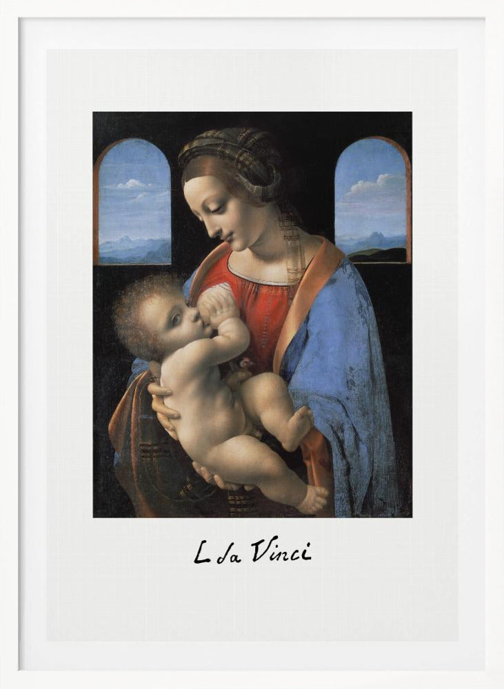 A framed art print of Leonardo da Vinci's painting 'Madonna Litta,' featuring the Virgin Mary in a red dress and blue cloak breastfeeding the infant Jesus. They are framed by two arched windows showing a distant landscape, all set within a black frame with white matting. Wall Art