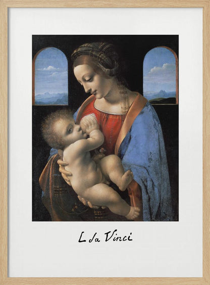 A framed art print of Leonardo da Vinci's painting 'Madonna Litta,' featuring the Virgin Mary in a red dress and blue cloak breastfeeding the infant Jesus. They are framed by two arched windows showing a distant landscape, all set within a black frame with white matting. Wall Art