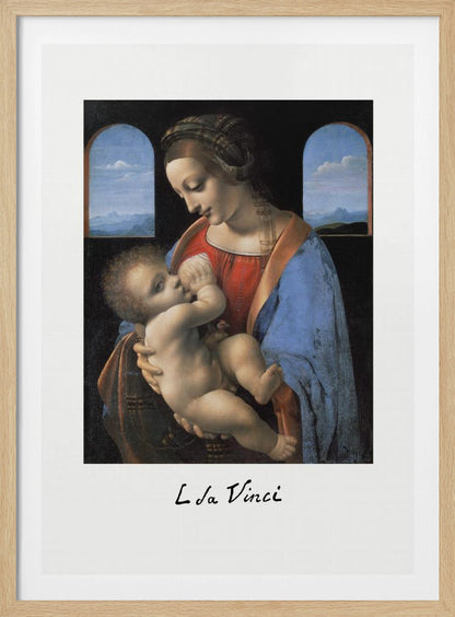 A framed art print of Leonardo da Vinci's painting 'Madonna Litta,' featuring the Virgin Mary in a red dress and blue cloak breastfeeding the infant Jesus. They are framed by two arched windows showing a distant landscape, all set within a black frame with white matting. Wall Art