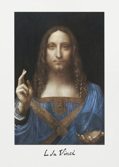 A framed print of Leonardo da Vinci's painting 'Salvator Mundi', depicting Jesus Christ in a blue robe against a black background. He holds a crystal orb in one hand and gives a blessing with the other. The artist's name is written below the image. Artwork