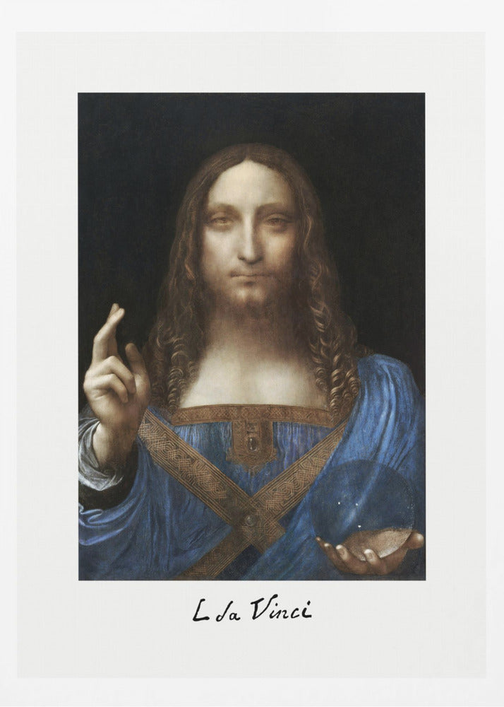 A framed print of Leonardo da Vinci's painting 'Salvator Mundi', depicting Jesus Christ in a blue robe against a black background. He holds a crystal orb in one hand and gives a blessing with the other. The artist's name is written below the image. Artwork