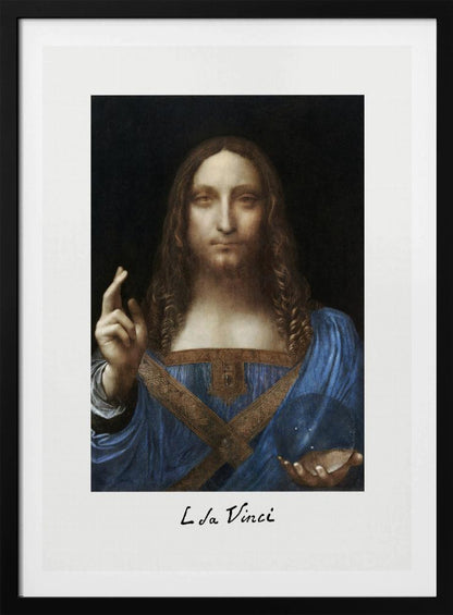A framed print of Leonardo da Vinci's painting 'Salvator Mundi', depicting Jesus Christ in a blue robe against a black background. He holds a crystal orb in one hand and gives a blessing with the other. The artist's name is written below the image. Artwork