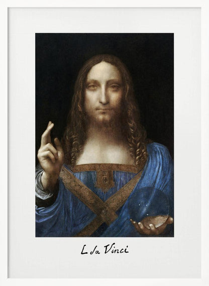 A framed print of Leonardo da Vinci's painting 'Salvator Mundi', depicting Jesus Christ in a blue robe against a black background. He holds a crystal orb in one hand and gives a blessing with the other. The artist's name is written below the image. Artwork