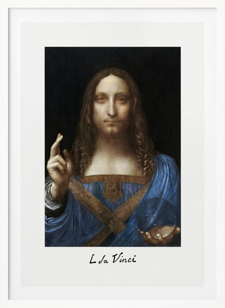 A framed print of Leonardo da Vinci's painting 'Salvator Mundi', depicting Jesus Christ in a blue robe against a black background. He holds a crystal orb in one hand and gives a blessing with the other. The artist's name is written below the image. Artwork