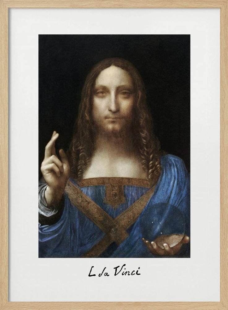 A framed print of Leonardo da Vinci's painting 'Salvator Mundi', depicting Jesus Christ in a blue robe against a black background. He holds a crystal orb in one hand and gives a blessing with the other. The artist's name is written below the image. Artwork