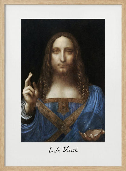 A framed print of Leonardo da Vinci's painting 'Salvator Mundi', depicting Jesus Christ in a blue robe against a black background. He holds a crystal orb in one hand and gives a blessing with the other. The artist's name is written below the image. Artwork