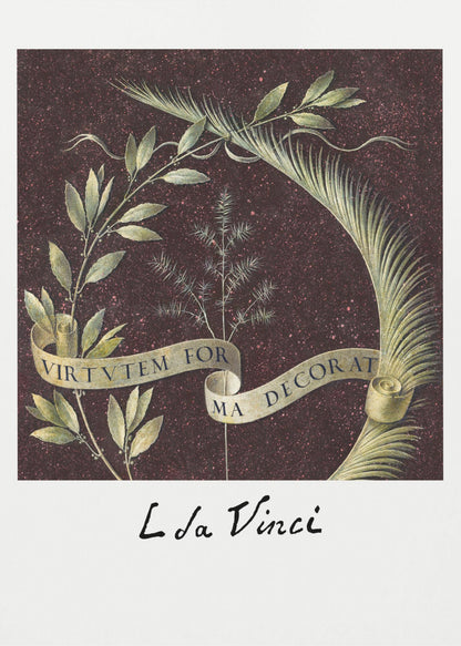 A classic art print by Leonardo da Vinci featuring a laurel branch and a palm frond against a dark, speckled maroon background. A beige ribbon weaves through the foliage with the Latin motto 'VIRTUTEM FORMA DECORAT'. The artist's signature 'L da Vinci' is written underneath on a white border. The artwork is presented in a black frame. Print