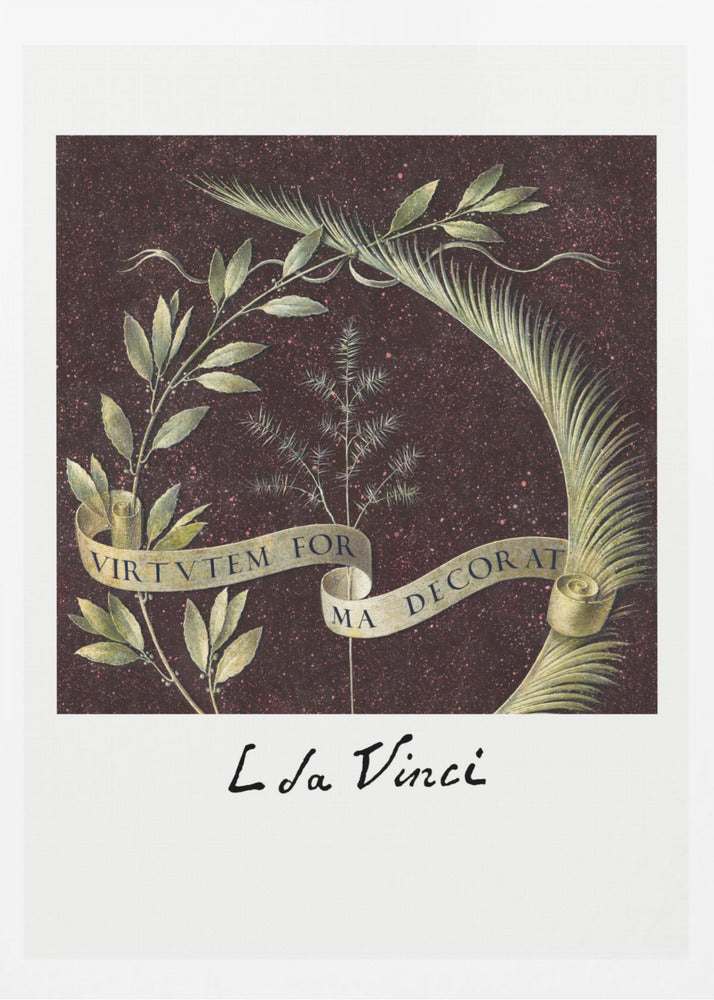 A classic art print by Leonardo da Vinci featuring a laurel branch and a palm frond against a dark, speckled maroon background. A beige ribbon weaves through the foliage with the Latin motto 'VIRTUTEM FORMA DECORAT'. The artist's signature 'L da Vinci' is written underneath on a white border. The artwork is presented in a black frame. Print