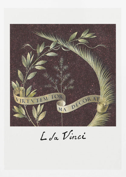 A classic art print by Leonardo da Vinci featuring a laurel branch and a palm frond against a dark, speckled maroon background. A beige ribbon weaves through the foliage with the Latin motto 'VIRTUTEM FORMA DECORAT'. The artist's signature 'L da Vinci' is written underneath on a white border. The artwork is presented in a black frame. Print