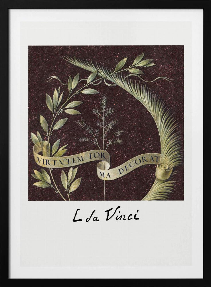 A classic art print by Leonardo da Vinci featuring a laurel branch and a palm frond against a dark, speckled maroon background. A beige ribbon weaves through the foliage with the Latin motto 'VIRTUTEM FORMA DECORAT'. The artist's signature 'L da Vinci' is written underneath on a white border. The artwork is presented in a black frame. Print