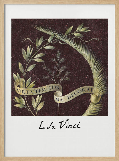 A classic art print by Leonardo da Vinci featuring a laurel branch and a palm frond against a dark, speckled maroon background. A beige ribbon weaves through the foliage with the Latin motto 'VIRTUTEM FORMA DECORAT'. The artist's signature 'L da Vinci' is written underneath on a white border. The artwork is presented in a black frame. Print