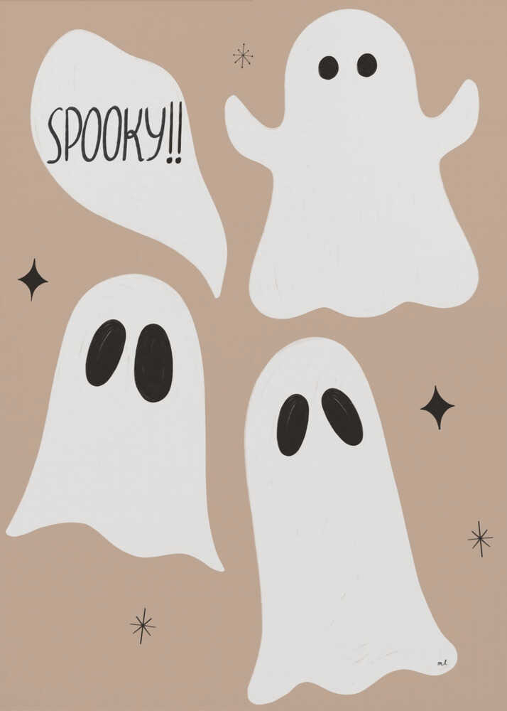 A playful illustration for Halloween featuring three cute, cartoonish white ghosts with black eyes against a solid light brown background. One ghost is accompanied by a speech bubble that reads 'SPOOKY!!' in a hand-drawn font. Small black stars and asterisks are scattered around the ghosts. The artwork is enclosed in a thin black frame. Decor