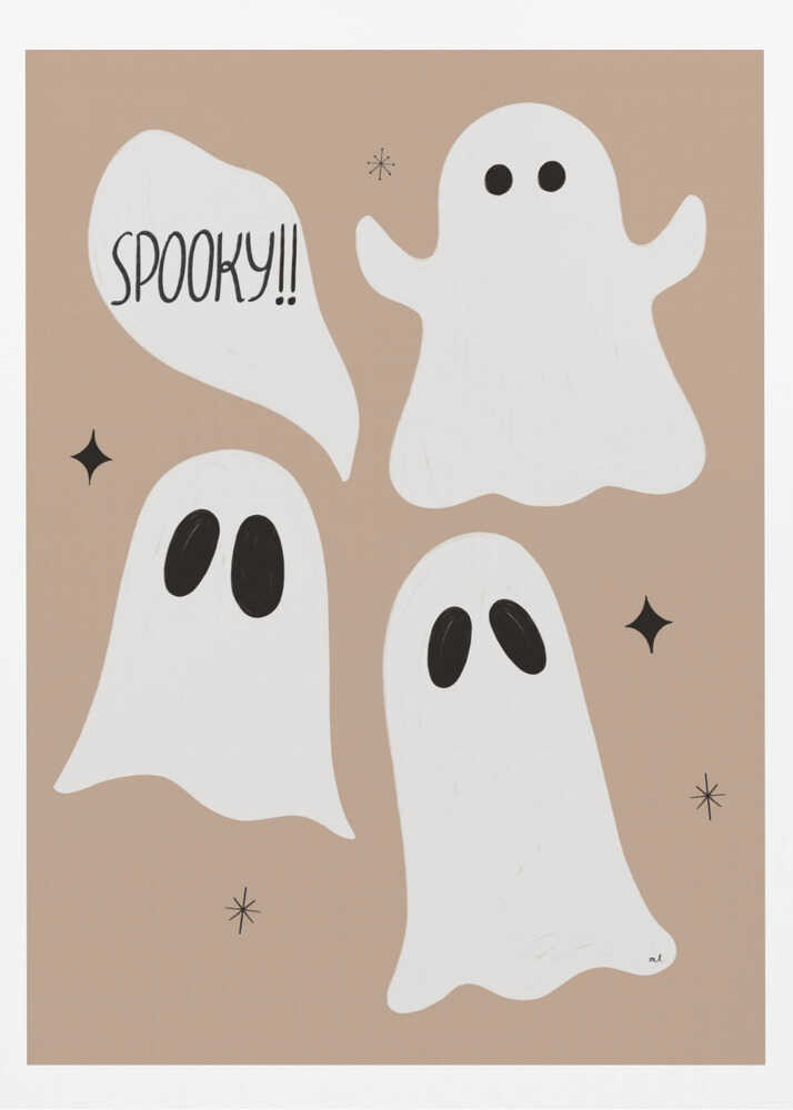 A playful illustration for Halloween featuring three cute, cartoonish white ghosts with black eyes against a solid light brown background. One ghost is accompanied by a speech bubble that reads 'SPOOKY!!' in a hand-drawn font. Small black stars and asterisks are scattered around the ghosts. The artwork is enclosed in a thin black frame. Decor