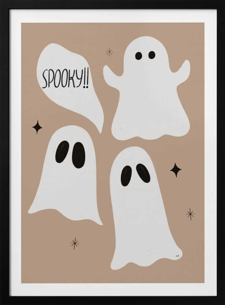 A playful illustration for Halloween featuring three cute, cartoonish white ghosts with black eyes against a solid light brown background. One ghost is accompanied by a speech bubble that reads 'SPOOKY!!' in a hand-drawn font. Small black stars and asterisks are scattered around the ghosts. The artwork is enclosed in a thin black frame. Decor