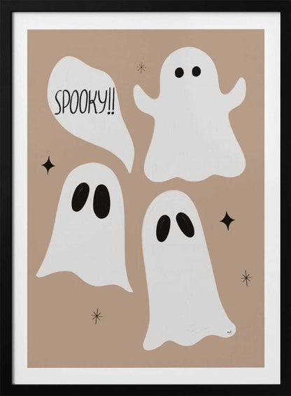 A playful illustration for Halloween featuring three cute, cartoonish white ghosts with black eyes against a solid light brown background. One ghost is accompanied by a speech bubble that reads 'SPOOKY!!' in a hand-drawn font. Small black stars and asterisks are scattered around the ghosts. The artwork is enclosed in a thin black frame. Decor