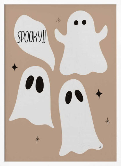 A playful illustration for Halloween featuring three cute, cartoonish white ghosts with black eyes against a solid light brown background. One ghost is accompanied by a speech bubble that reads 'SPOOKY!!' in a hand-drawn font. Small black stars and asterisks are scattered around the ghosts. The artwork is enclosed in a thin black frame. Decor