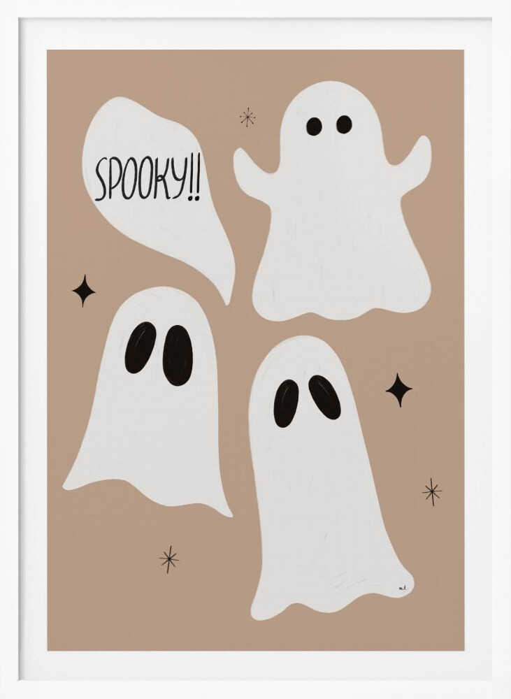 A playful illustration for Halloween featuring three cute, cartoonish white ghosts with black eyes against a solid light brown background. One ghost is accompanied by a speech bubble that reads 'SPOOKY!!' in a hand-drawn font. Small black stars and asterisks are scattered around the ghosts. The artwork is enclosed in a thin black frame. Decor