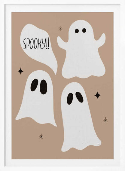 A playful illustration for Halloween featuring three cute, cartoonish white ghosts with black eyes against a solid light brown background. One ghost is accompanied by a speech bubble that reads 'SPOOKY!!' in a hand-drawn font. Small black stars and asterisks are scattered around the ghosts. The artwork is enclosed in a thin black frame. Decor
