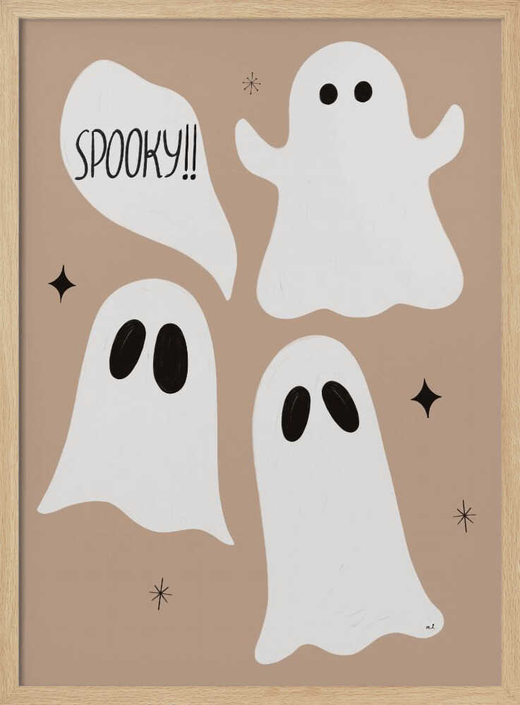 A playful illustration for Halloween featuring three cute, cartoonish white ghosts with black eyes against a solid light brown background. One ghost is accompanied by a speech bubble that reads 'SPOOKY!!' in a hand-drawn font. Small black stars and asterisks are scattered around the ghosts. The artwork is enclosed in a thin black frame. Decor