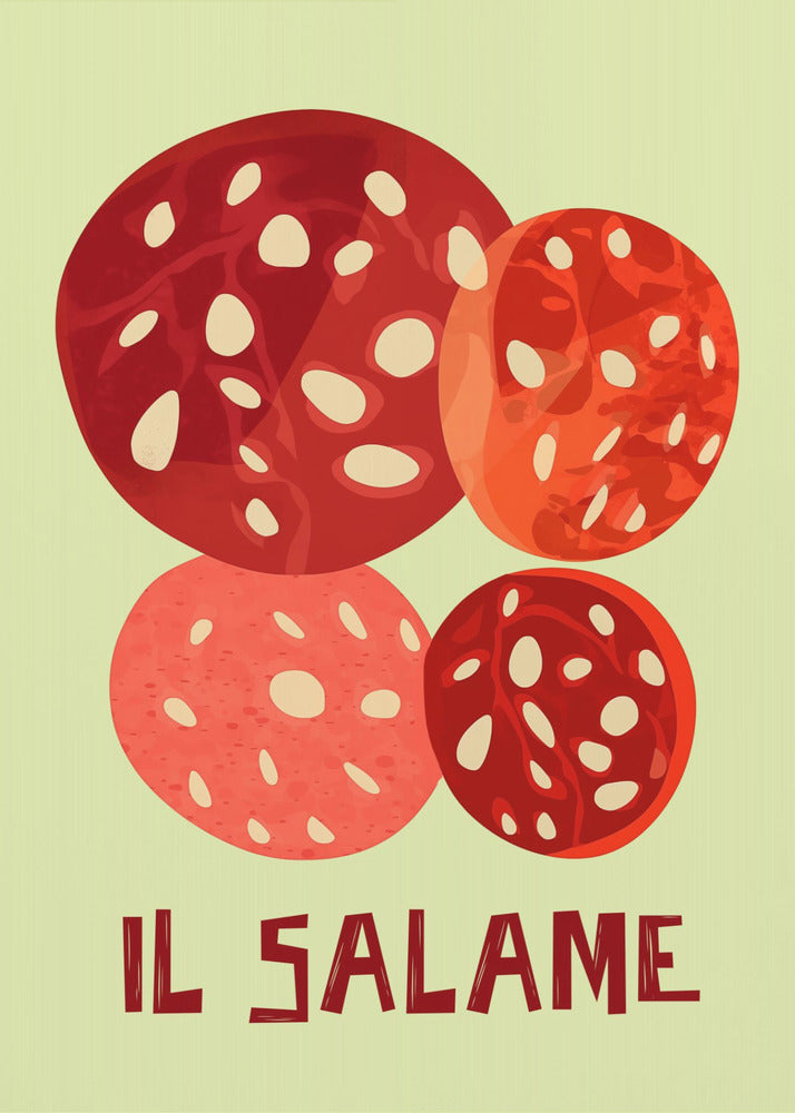 A vintage-style graphic art print of four overlapping slices of salami against a pale green background. The Italian words 'IL SALAME' are printed below in a dark, stylized font. The artwork is enclosed in a black frame. Poster