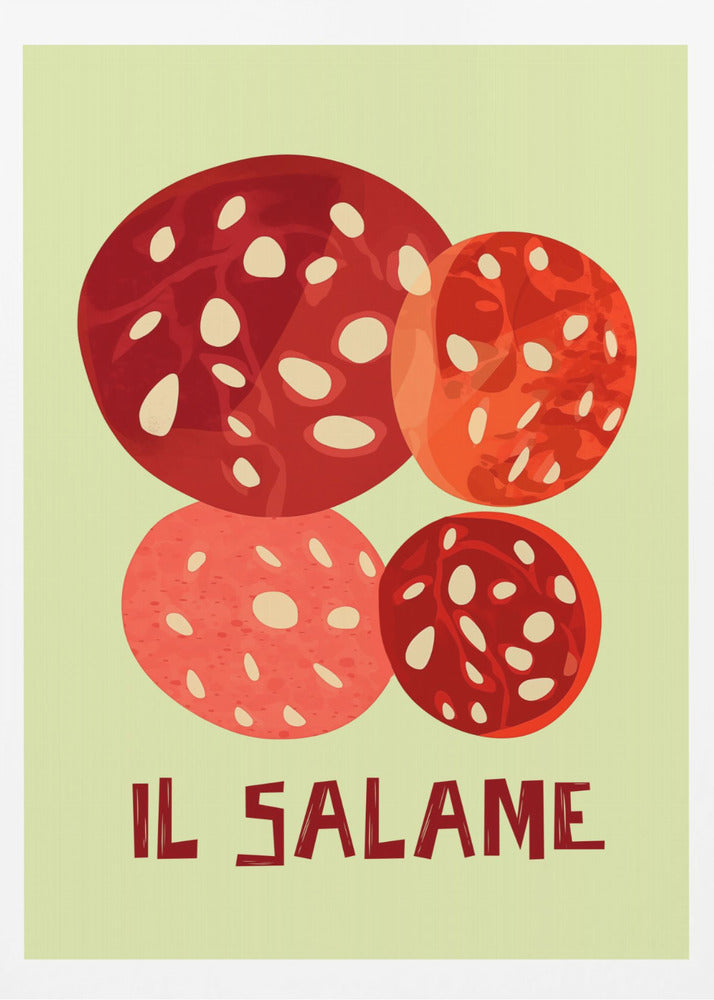 A vintage-style graphic art print of four overlapping slices of salami against a pale green background. The Italian words 'IL SALAME' are printed below in a dark, stylized font. The artwork is enclosed in a black frame. Poster