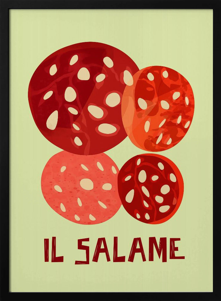 A vintage-style graphic art print of four overlapping slices of salami against a pale green background. The Italian words 'IL SALAME' are printed below in a dark, stylized font. The artwork is enclosed in a black frame. Poster