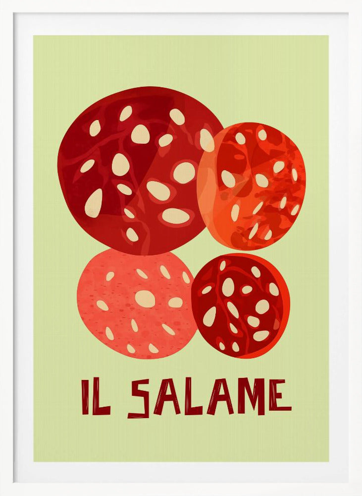 A vintage-style graphic art print of four overlapping slices of salami against a pale green background. The Italian words 'IL SALAME' are printed below in a dark, stylized font. The artwork is enclosed in a black frame. Poster