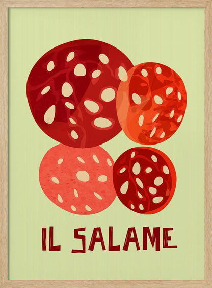 A vintage-style graphic art print of four overlapping slices of salami against a pale green background. The Italian words 'IL SALAME' are printed below in a dark, stylized font. The artwork is enclosed in a black frame. Poster